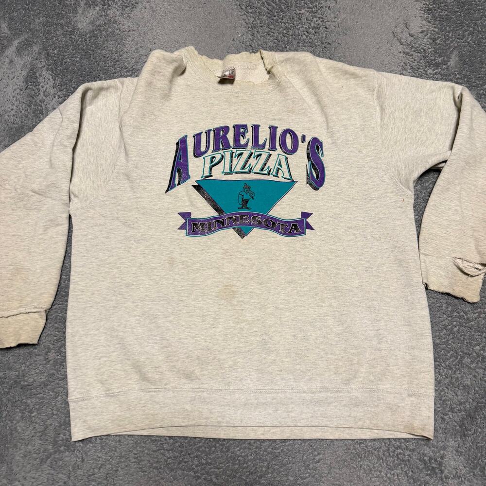 Aurelio’s Pizza Vintage Sweatshirt Mens XL Gray Distressed USA Crew *****
